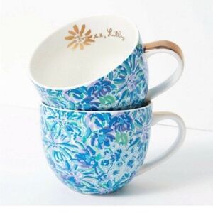 Lilly Pulitzer Blue Floral Ceramic Mugs Cups 12oz Set of 2